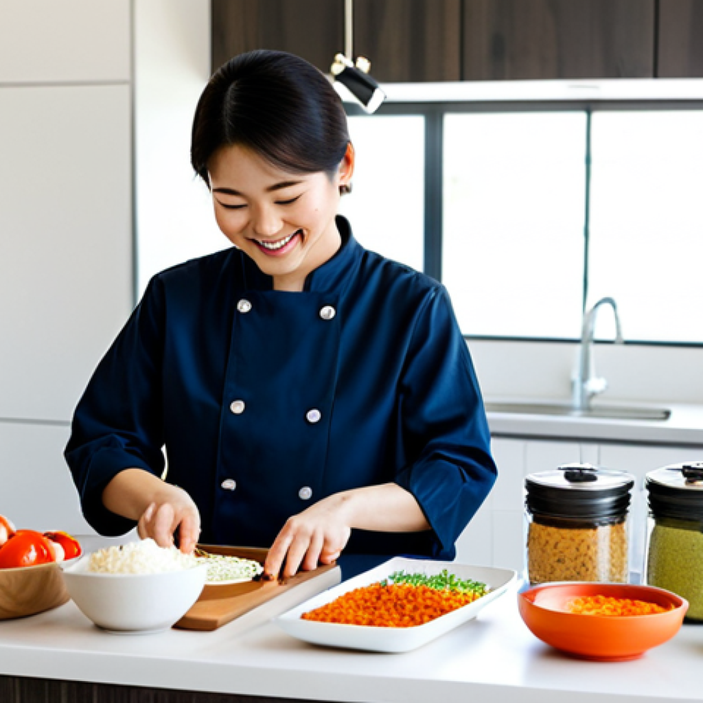 A person, fully clothed in modest, comfortable attire, is smiling while preparing a Korean meal kit in a bright, modern home kitchen. The countertop is clean and organized, with pre-portioned, high-quality ingredients from the kit clearly visible. The person is engaged in the cooking process, demonstrating confidence and ease. The scene exudes a warm, inviting atmosphere, professional photography, natural lighting, perfect anatomy, well-formed hands, correct proportions, natural body proportions, natural pose, safe for work, appropriate content, family-friendly.