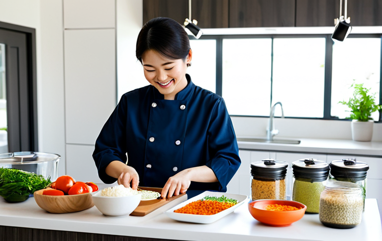 A person, fully clothed in modest, comfortable attire, is smiling while preparing a Korean meal kit in a bright, modern home kitchen. The countertop is clean and organized, with pre-portioned, high-quality ingredients from the kit clearly visible. The person is engaged in the cooking process, demonstrating confidence and ease. The scene exudes a warm, inviting atmosphere, professional photography, natural lighting, perfect anatomy, well-formed hands, correct proportions, natural body proportions, natural pose, safe for work, appropriate content, family-friendly.