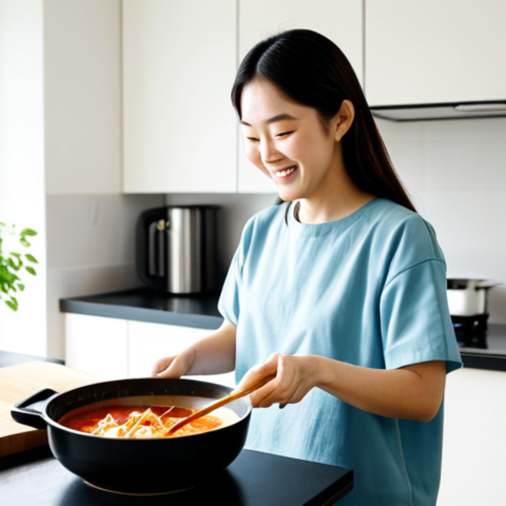 A cheerful young woman in a modern, clean kitchen, fully clothed in comfortable, modest home attire, confidently stirring a pot of steaming Kimchi Jjigae from a Korean meal kit. The kitchen is well-lit with natural light, showing neatly organized, fresh ingredients on the counter. The scene emphasizes ease and joy in home cooking. safe for work, appropriate content, fully clothed, family-friendly, perfect anatomy, correct proportions, natural pose, well-formed hands, proper finger count, natural body proportions, professional photography, high quality.