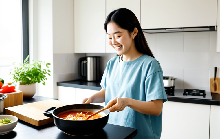 A cheerful young woman in a modern, clean kitchen, fully clothed in comfortable, modest home attire, confidently stirring a pot of steaming Kimchi Jjigae from a Korean meal kit. The kitchen is well-lit with natural light, showing neatly organized, fresh ingredients on the counter. The scene emphasizes ease and joy in home cooking. safe for work, appropriate content, fully clothed, family-friendly, perfect anatomy, correct proportions, natural pose, well-formed hands, proper finger count, natural body proportions, professional photography, high quality.