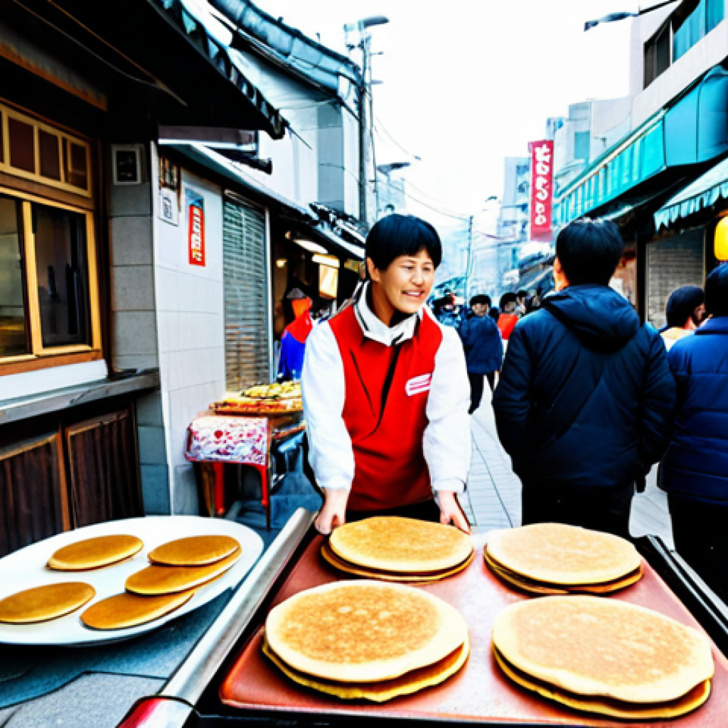 Hotteok Street Food Scene**
"A vibrant street food scene in Seoul, South Korea. A vendor is expertly flipping *hotteok* (sweet pancakes) on a griddle. The *hotteok* are golden brown and filled with a mixture of brown sugar, cinnamon, and nuts. People are lined up, eagerly waiting to purchase the treat. The background features colorful street food stalls and signage written in Korean. Fully clothed pedestrians are enjoying the lively atmosphere. safe for work, appropriate content, fully clothed, professional food photography, perfect anatomy (of the hands flipping the *hotteok*), natural proportions, bright and inviting."
**