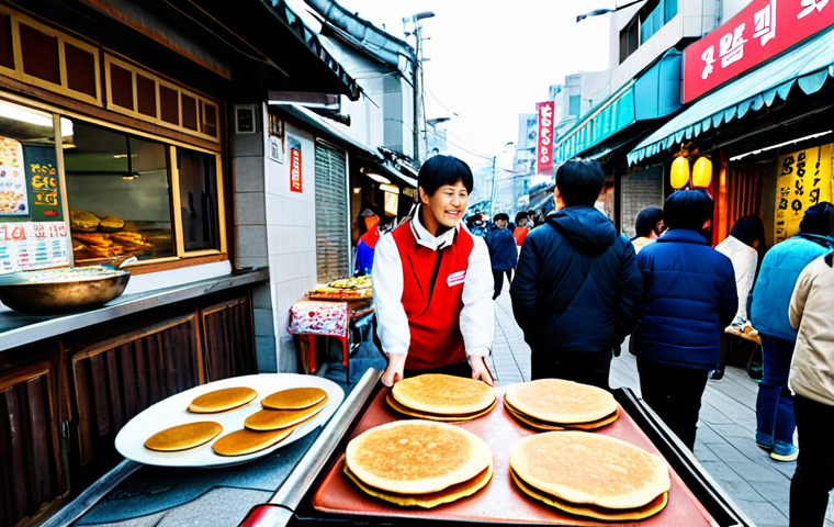 Hotteok Street Food Scene**
"A vibrant street food scene in Seoul, South Korea. A vendor is expertly flipping *hotteok* (sweet pancakes) on a griddle. The *hotteok* are golden brown and filled with a mixture of brown sugar, cinnamon, and nuts. People are lined up, eagerly waiting to purchase the treat. The background features colorful street food stalls and signage written in Korean. Fully clothed pedestrians are enjoying the lively atmosphere. safe for work, appropriate content, fully clothed, professional food photography, perfect anatomy (of the hands flipping the *hotteok*), natural proportions, bright and inviting."
**