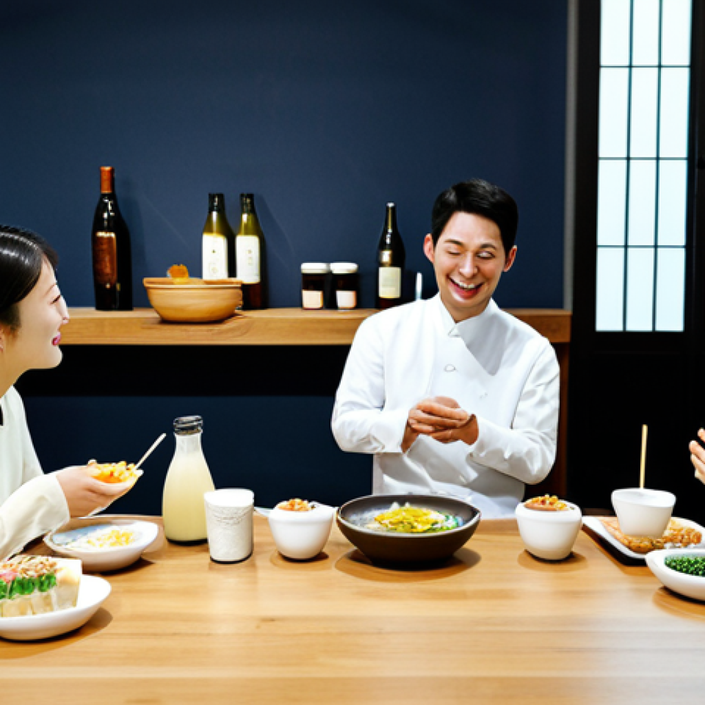 Modern Makgeolli Tasting**
"A brightly lit, modern tasting room with a variety of makgeolli bottles and tasting glasses on a wooden table. Patrons are enjoying samples and Korean snacks. Focus on the diverse colors and textures of the makgeolli. Fully clothed patrons, appropriate attire, safe for work, perfect anatomy, natural proportions, professional photography, high quality, family-friendly setting."
**