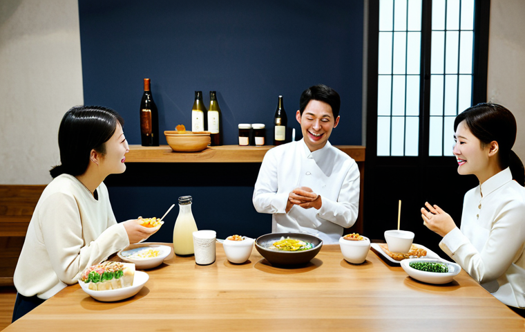 Modern Makgeolli Tasting**
"A brightly lit, modern tasting room with a variety of makgeolli bottles and tasting glasses on a wooden table. Patrons are enjoying samples and Korean snacks. Focus on the diverse colors and textures of the makgeolli. Fully clothed patrons, appropriate attire, safe for work, perfect anatomy, natural proportions, professional photography, high quality, family-friendly setting."
**