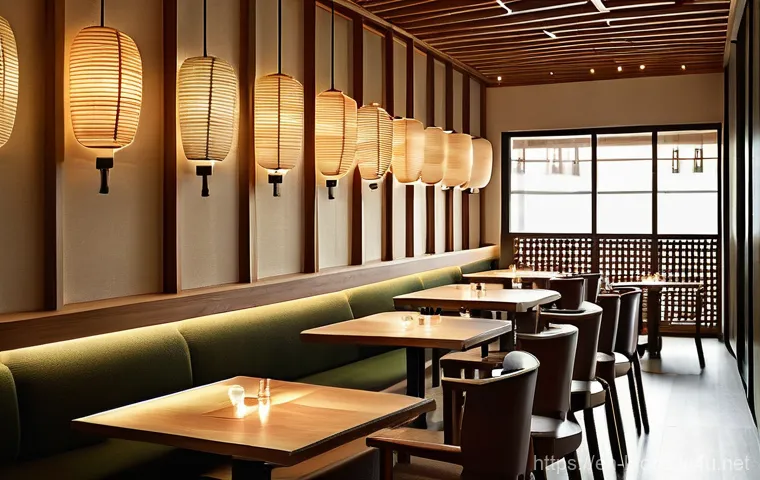 한식 주점 인테리어 아이디어 - Hanok-Inspired Urban Oasis**
"A serene and sophisticated modern Korean pub interior, bathed in soft...