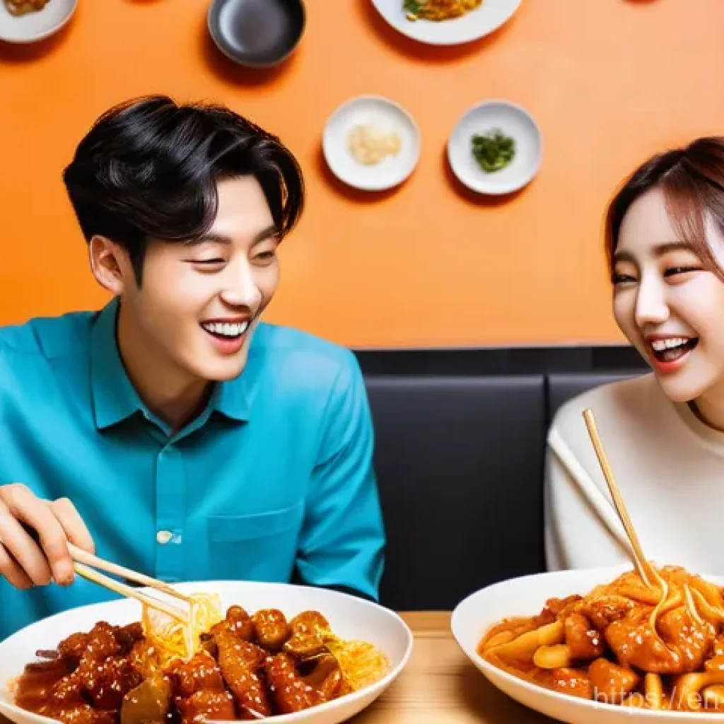 한식의 세계화 성공 사례 - **Hallyu Wave & Culinary Ripple Effect - Friends Dining:**
"A vibrant, eye-level photograph of a...