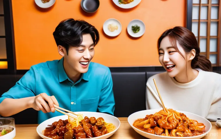 한식의 세계화 성공 사례 - **Hallyu Wave & Culinary Ripple Effect - Friends Dining:**
"A vibrant, eye-level photograph of a...