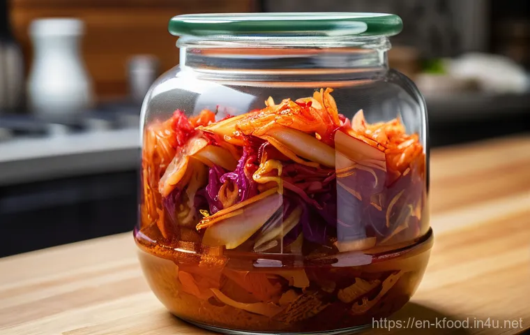 한식 반찬 종류와 보관법 - **Image Prompt: The Kimchi Conundrum**
A close-up, highly detailed shot of freshly made, vibrant...