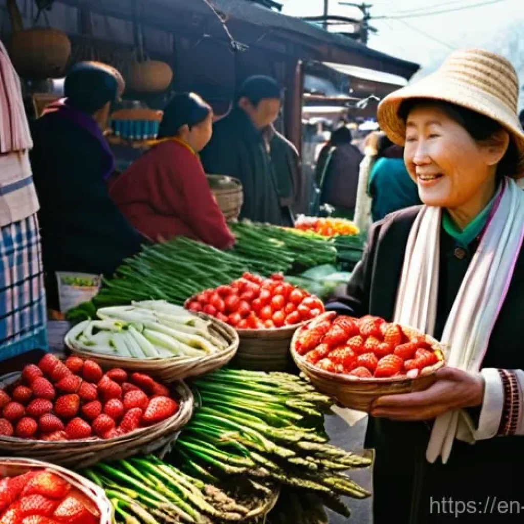 한식 식재료의 계절성 - **Spring's Vibrant Market Awakening**
A bustling and colorful Korean traditional market scene in...