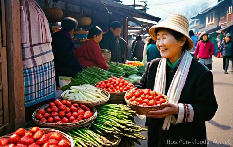 한식 식재료의 계절성 - **Spring's Vibrant Market Awakening**
A bustling and colorful Korean traditional market scene in...